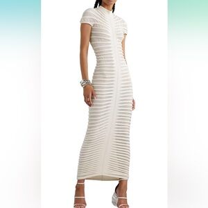 Atyfuniby Bodycon Crochet Knit Tube Sheer Stripe Mock Neck Midi Dress